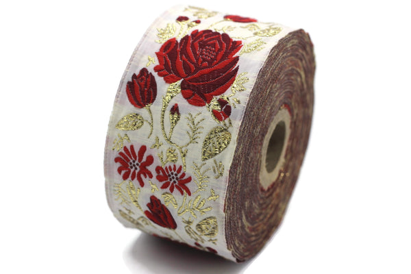 50 mm Red / White Floral Jacquard trim (1.96 inches), rose embroried Ribbon, Decorative Craft Ribbon, Jacquard Ribbon Trim, 50089