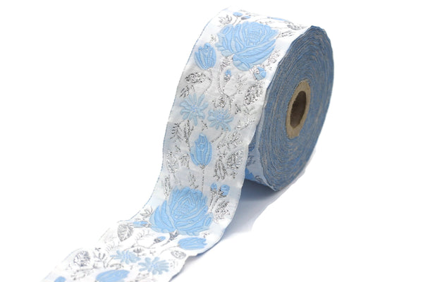 50 mm Blue / White Floral Jacquard trim (1.96 inches) vintage Ribbon, Decorative Craft Ribbon, Floral Jacquard Ribbon Trim, 50089