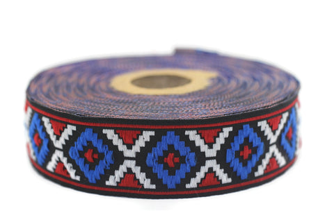 25 mm Blue/Red Geometric Diamond Jacquard trim (0.98 inches), Decorative Craft Ribbon, Sewing Trim, Jacquard ribbon, woven ribbons, 25914
