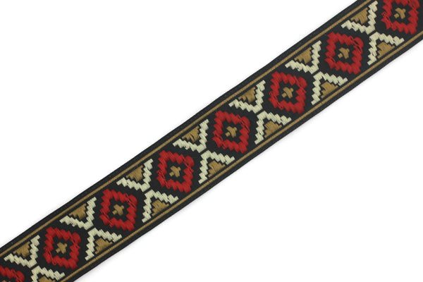 25 mm Red&Brown Geometric Diamond Jacquard trim (0.98 inch, Decorative Craft Ribbon, Sewing trims, Jacquard ribbons, woven ribbons, 25914