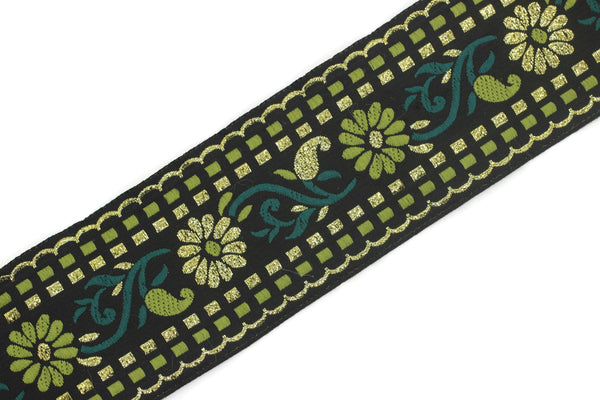 50 mm Green/ Black Floral Jacquard trim (1.96 inches) - vintage Ribbon, Craft Ribbon, Floral Jacquard Ribbon Trim, Ribbon by the yards 50095