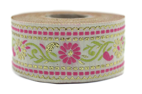 35 mm White & Pink Floral Jacquard ribbon (1.37 inches), Jacquard trim, Sewing Trim, Collar Trim, Ribbon by the yards, Vintage ribbon 35095