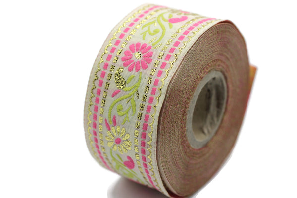 35 mm White & Pink Floral Jacquard ribbon (1.37 inches), Jacquard trim, Sewing Trim, Collar Trim, Ribbon by the yards, Vintage ribbon 35095