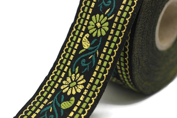 35 mm Black&Green Floral Jacquard ribbon (1.37 inches) , Jacquard trim , Sewing Trim, Collar Trim, Ribbon by the yards, Vintage ribbon 35095