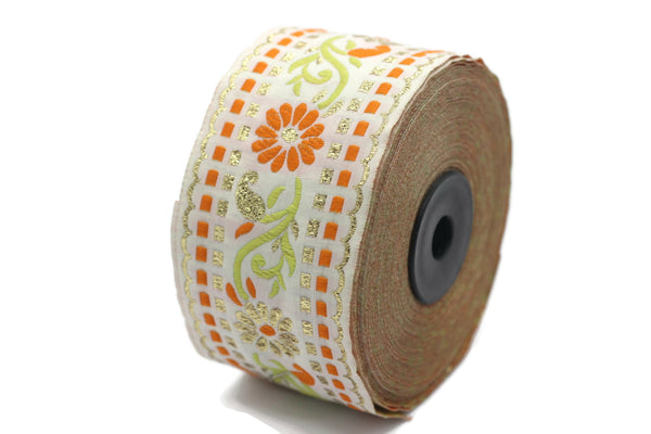 50 mm Orange/ White Floral Jacquard trim (1.96 inches), vintage Ribbon, Craft Ribbon, Floral Jacquard Ribbon Trim, Ribbon by the yards 50095