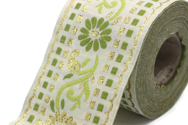 50 mm Green/ White Floral Jacquard trim (1.96 inches), vintage Ribbon, Craft Ribbon, Floral Jacquard Ribbon Trim, Ribbon by the yards 50095