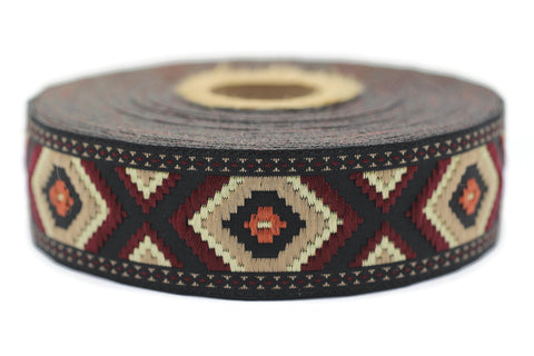25 mm Brown / Claret red Jacquard trim (0.98 inches), vintage Ribbon,  Decorative Craft Ribbon, Sewing trim, Jacquard ribbon, 25952