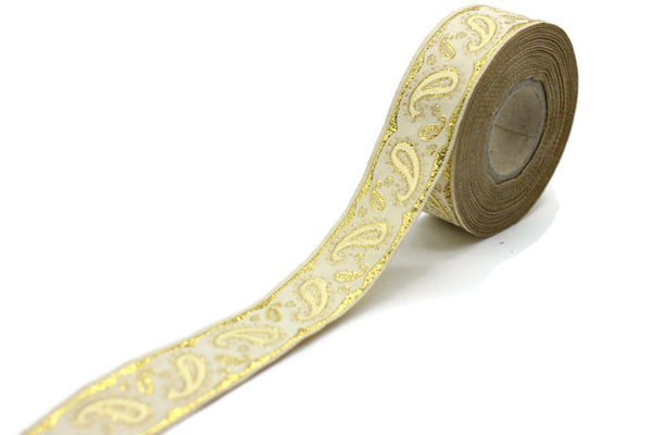 22 mm yellow patterned Jacquard trim (0.86 inches), drop embroidered trim, drop ribbon, woven ribbon, woven jacquard, sewing trim, 22807