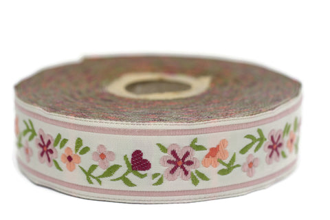 22 mm Pink/white Floral Jacquard ribbon (0.86 inches), woven ribbon, authentic ribbon, Sewing, Scroll Jacquard trim, ribbons, 22947