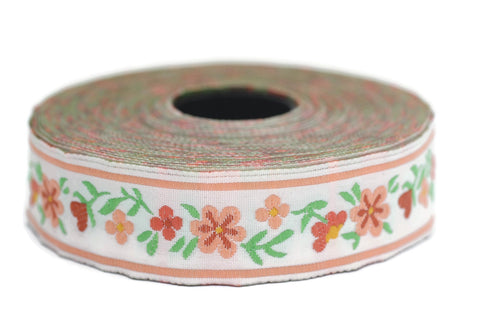 22 mm Powder/white Floral Jacquard ribbon (0.86 inches), woven ribbon, authentic ribbon,  Scroll Jacquard trim, dyed ribbons, 22947