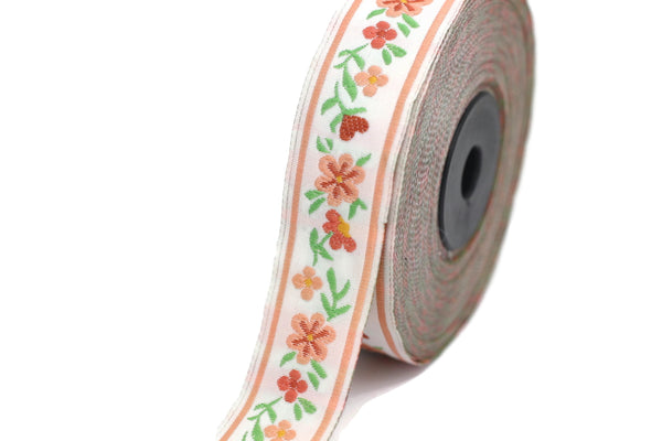 22 mm Powder/white Floral Jacquard ribbon (0.86 inches), woven ribbon, authentic ribbon,  Scroll Jacquard trim, dyed ribbons, 22947