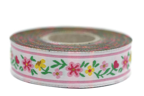 22 mm Pink/white Floral Jacquard ribbons (0.86 inches, woven ribbon, authentic ribbon, Sewing, Scroll Jacquard trim, vintage ribbons, 22947