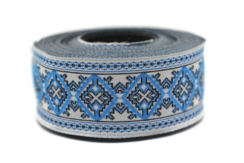 25 mm Blue/White Carpet Ribbon  (0.98 inches), Geometric trim,  jacquard trim, fabric wide trims, craft supplies, vintage trim, 25984