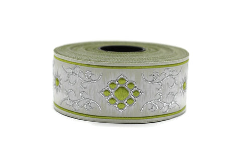35 mm Cat Paw Green jacquard ribbons (1.37 inches), native american embroidered trim, woven trim, woven jacquards, woven border, 35806