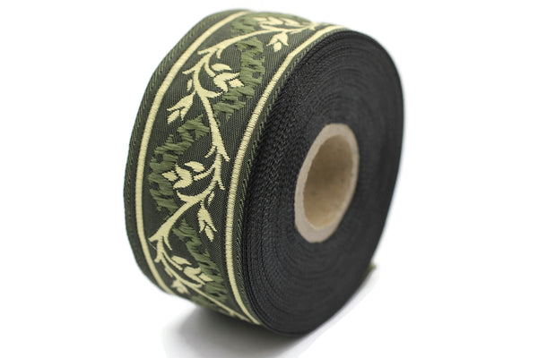 35 mm Dark Green/Gold Tulips embroidered jacquard Ribbons (1.37 inches), Jacquard trim, craft supplies, collar supply, sewing trim, 35094
