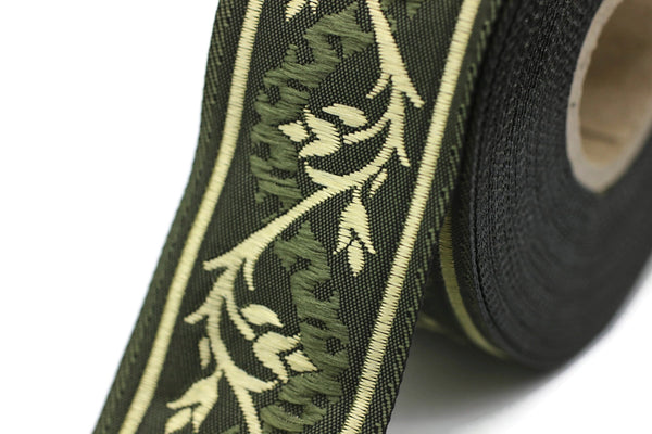 35 mm Dark Green/Gold Tulips embroidered jacquard Ribbons (1.37 inches), Jacquard trim, craft supplies, collar supply, sewing trim, 35094