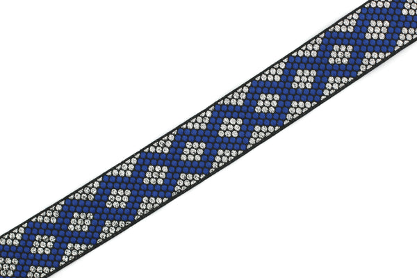 22 mm Blue/Silver Metallic Ribbon, chevron trim,  jacquard trim, craft supplies, vintage trim, guitar ribbons, Brocade Ribbon, 22305