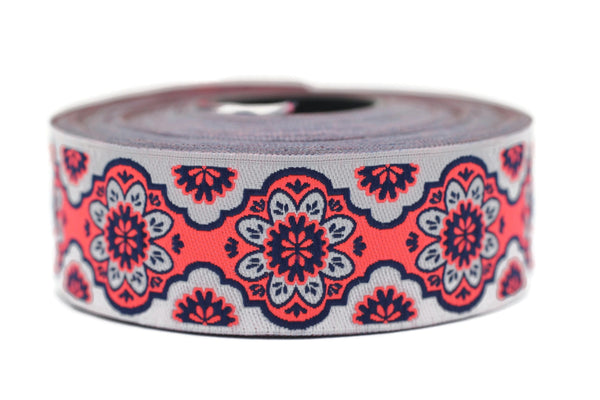25 mm Neon Pink Floral ribbon, Jacquard ribbon, 0.98inch, Decorative ribbon, Craft Ribbon, Jacquard trim, costume ribbon, sewing trim, 25707