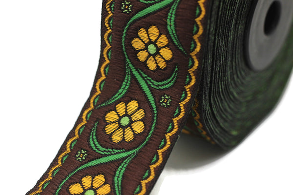 35 mm Brown Floral Embroidered ribbon (1.37 inches), Vintage Jacquard, Floral ribbon, Floral trim, woven jacquard, jacquard ribbons, 35938