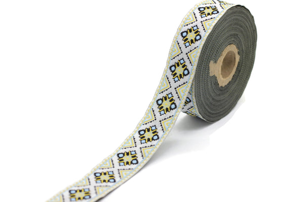 25 mm Yellow/White Geometric Jacquard ribbon (0.98 inches), Decorative Craft Ribbon, Sewing trim, jacquard ribbon, embroidered ribbon, 25943