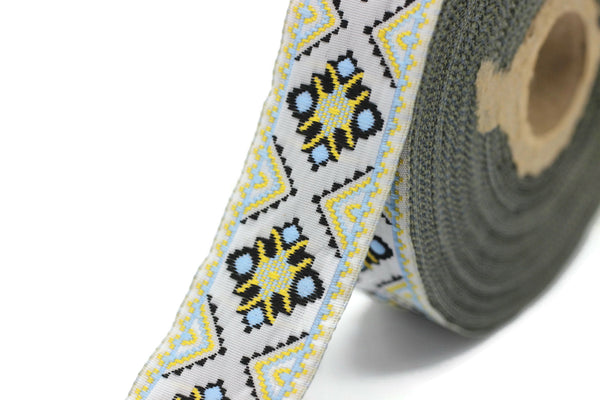 25 mm Yellow/White Geometric Jacquard ribbon (0.98 inches), Decorative Craft Ribbon, Sewing trim, jacquard ribbon, embroidered ribbon, 25943