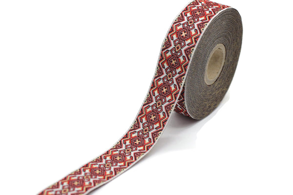 25 mm Red&White mosaic Jacquard trims 0.98inch, jacquard ribbon, Decorative Craft Ribbon, Sewing trim, woven trim, embroidered ribbon, 25941