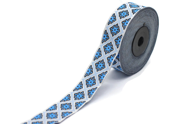 25 mm Blue/White Snow flake Ribbon (0.98 inches), Snow Flake trim, jacquard ribbon, dog collar supplies, craft supplies, vintage trim, 25985