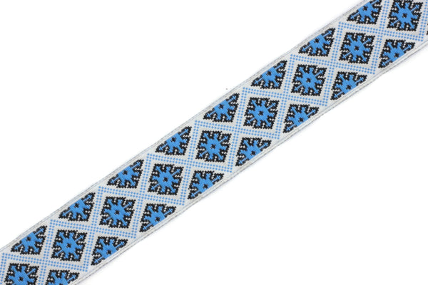 25 mm Blue/White Snow flake Ribbon (0.98 inches), Snow Flake trim, jacquard ribbon, dog collar supplies, craft supplies, vintage trim, 25985