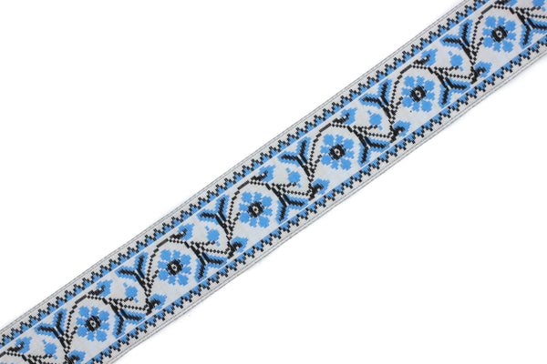 25 mm Blue/White  Flower Ribbon  (0.98 inches), Flower trim,  jacquard trim, fabric wide trims, craft supplies, vintage trim, 25988