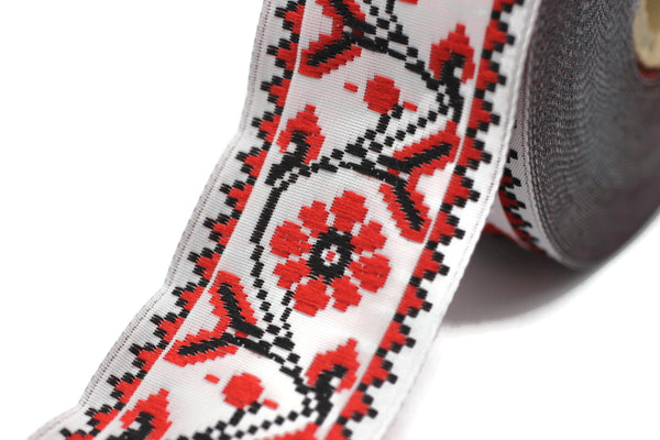 35 mm Red/White  Flower Ribbon  (1.37 inches), Flower trim,  jacquard trim, fabric wide trims, craft supplies, vintage trim, 35988