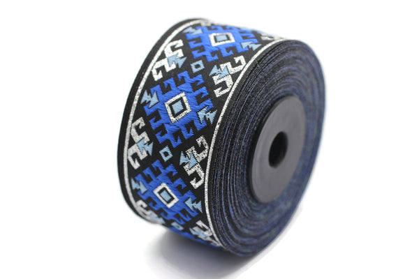 35 mm Snowy metallic Blue/Silver jacquard ribbons 1.37 inches, Snowy embroidered trim, woven trim, woven jacquards, woven border, 35953