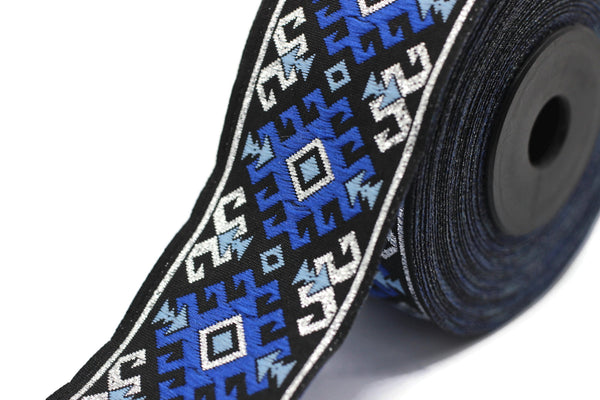 35 mm Snowy metallic Blue/Silver jacquard ribbons 1.37 inches, Snowy embroidered trim, woven trim, woven jacquards, woven border, 35953
