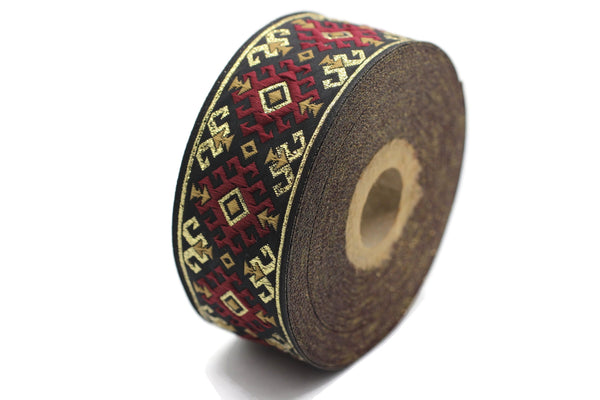 35 mm Snowy metallic Red/Gold jacquard ribbons 1.37 inches, Snowy embroidered trim, woven trim, woven jacquards, woven border, 35953