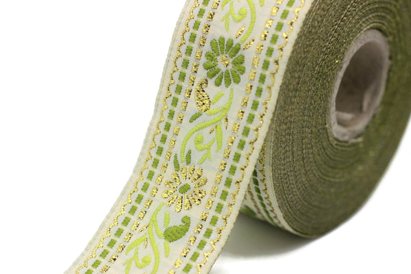 35 mm White & Green Floral Jacquard ribbon (1.37 inches), Jacquard trim, Sewing Trim, Collar Trim, Ribbon by the yards, Vintage ribbon 35095