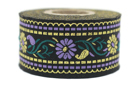 35 mm Black & Purple Floral Jacquard ribbon (1.37 inches),Jacquard trim, Sewing Trim, Collar Trim, Ribbon by the yards, Vintage ribbon 35095