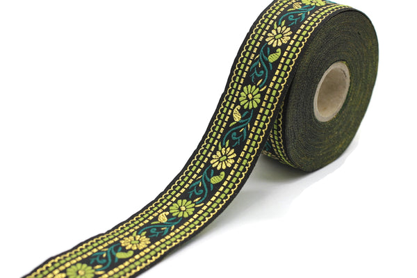 35 mm Black&Green Floral Jacquard ribbon (1.37 inches) , Jacquard trim , Sewing Trim, Collar Trim, Ribbon by the yards, Vintage ribbon 35095