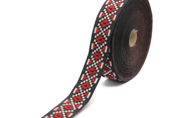 35 mm 10 Meters Red&Black Geometric Diamond Jacquard trim 1.37 inch, Decorative Craft Ribbon, Sewing trims, Jacquard ribbons, woven ribbons