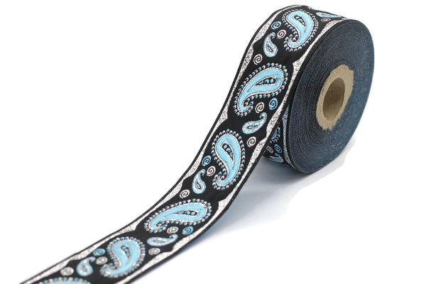 35 mm Blue/Black patterned Jacquard trims (1.37 inches) embroidered trims, drop ribbon, woven ribbon, jacquard ribbons, sewing trims, 35807