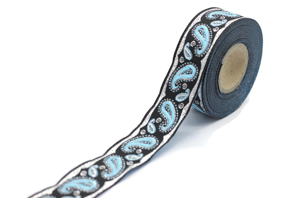 22 mm Blue/Black patterned Jacquard trim (0.86 inches, drop embroidered trim, drop ribbon, woven ribbon, woven jacquard, sewing trim, 22807