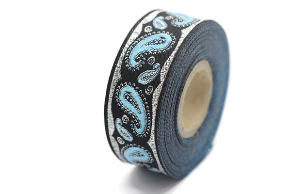 22 mm Blue/Black patterned Jacquard trim (0.86 inches, drop embroidered trim, drop ribbon, woven ribbon, woven jacquard, sewing trim, 22807