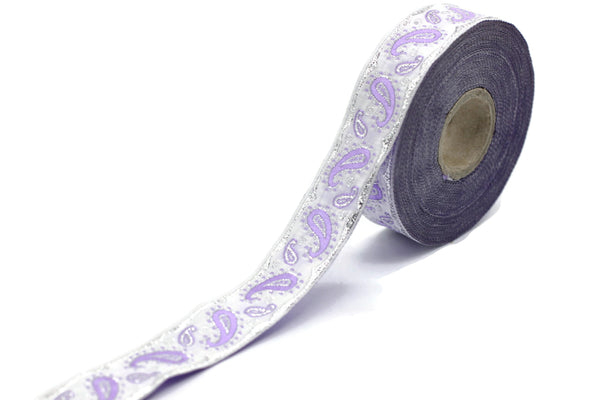 22 mm Lilac/White patterned Jacquard trim 0.86 inches, drop embroidered trim, drop ribbon, woven ribbon, woven jacquard, sewing trim, 22807