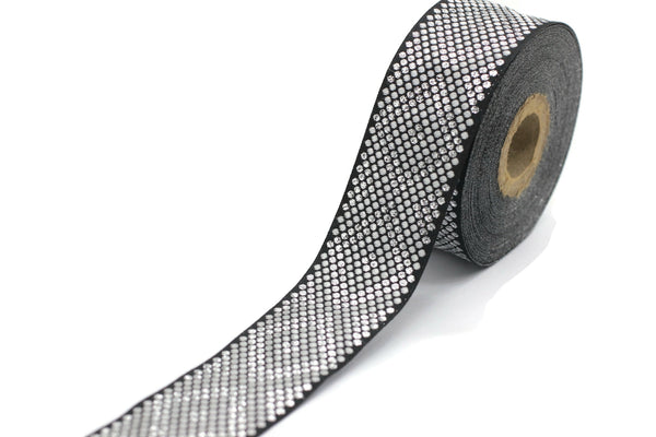 35 mm Silvery Metallic Ribbon, chevron trim,  jacquard trim, craft supplies, vintage trim, jacquard ribbon trim, Dog Collar Ribbon, 35305