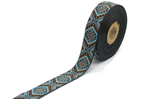 25mm Blue/Brown embroidered ribbon, Jacquard ribbon, Decorative ribbon, Craft Ribbon, Jacquard trim, costume ribbon, sewing trim 25708
