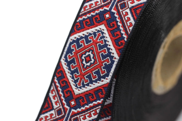 25mm Red/Blue embroidered ribbon, Jacquard ribbon, 0.98inc Decorative ribbon, Craft Ribbon, Jacquard trim, costume ribbon, sewing trim 25708