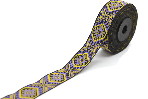 25mm Purple/Yellow embroidered ribbon, Jacquard ribbon, Decorative ribbon, Craft Ribbon, Jacquard trim, costume ribbon, sewing trim 25708