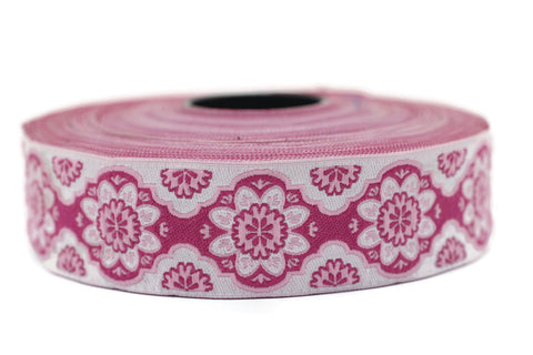 25 mm Pink Floral ribbon, Jacquard ribbon, 0.98 inches, Decorative ribbon, Craft Ribbon, Jacquard trim, costume ribbon, sewing trim, 25707