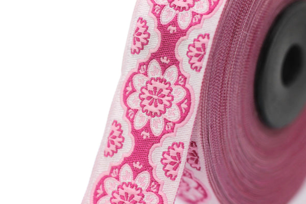 25 mm Pink Floral ribbon, Jacquard ribbon, 0.98 inches, Decorative ribbon, Craft Ribbon, Jacquard trim, costume ribbon, sewing trim, 25707