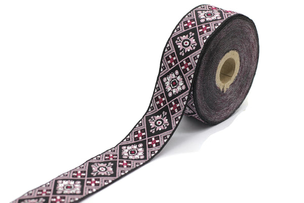 35 mm Black/Poudre Geometric Ribbon, (1.37 inches), Geometric trim,  jacquard trim, craft supplies, vintage trim, Jacquard ribbon, 35975