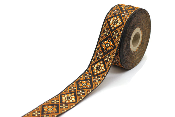 35 mm Orange Geometric Ribbon, (1.37 inch, Geometric trim,  jacquard trim, craft supplies, vintage trim, jacquard ribbon, sewing trim, 35975
