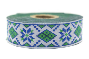 25 mm Green&Blue Geometric Jacquard ribbon (0.98 inches), Decorative Craft Ribbon, Sewing trim, woven trim, embroidered ribbon, 25944